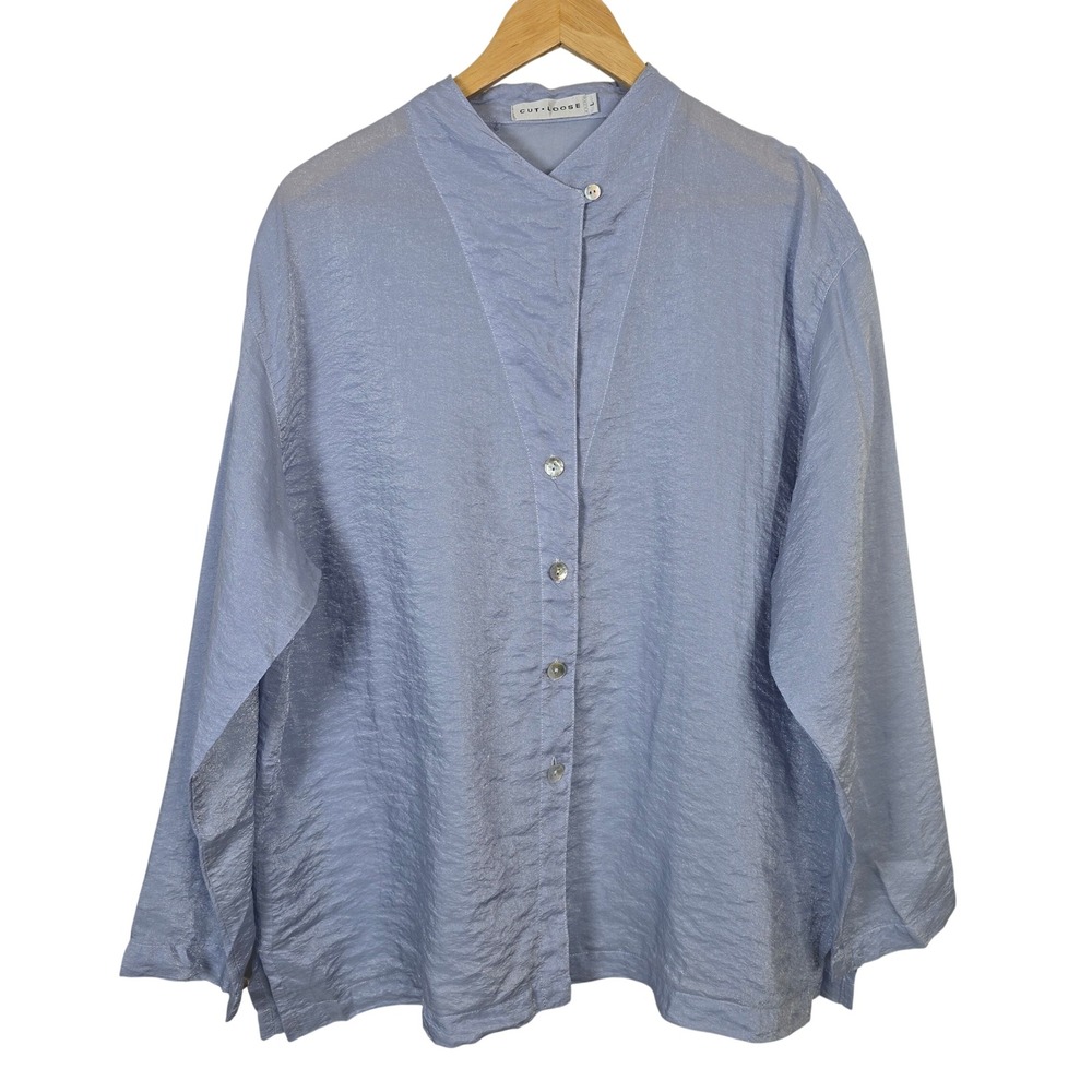 Cut Loose Periwinkle Blue Bemberg Crinkle Blouse Mock Neck Large Made in USA